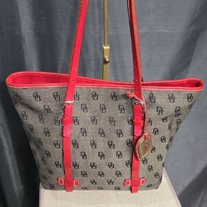 Dooney & Bourke Black Monogram Tote with Red Accents EUC